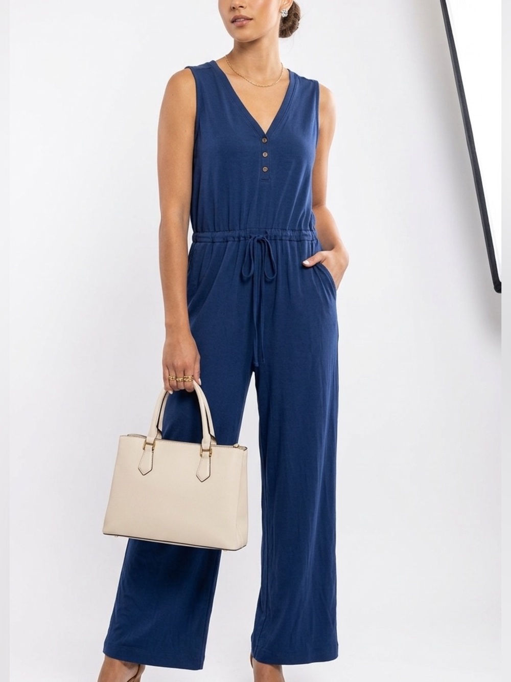 Sonoma Navy Sleeveless V-Neck Drawstring Jumpsuit
